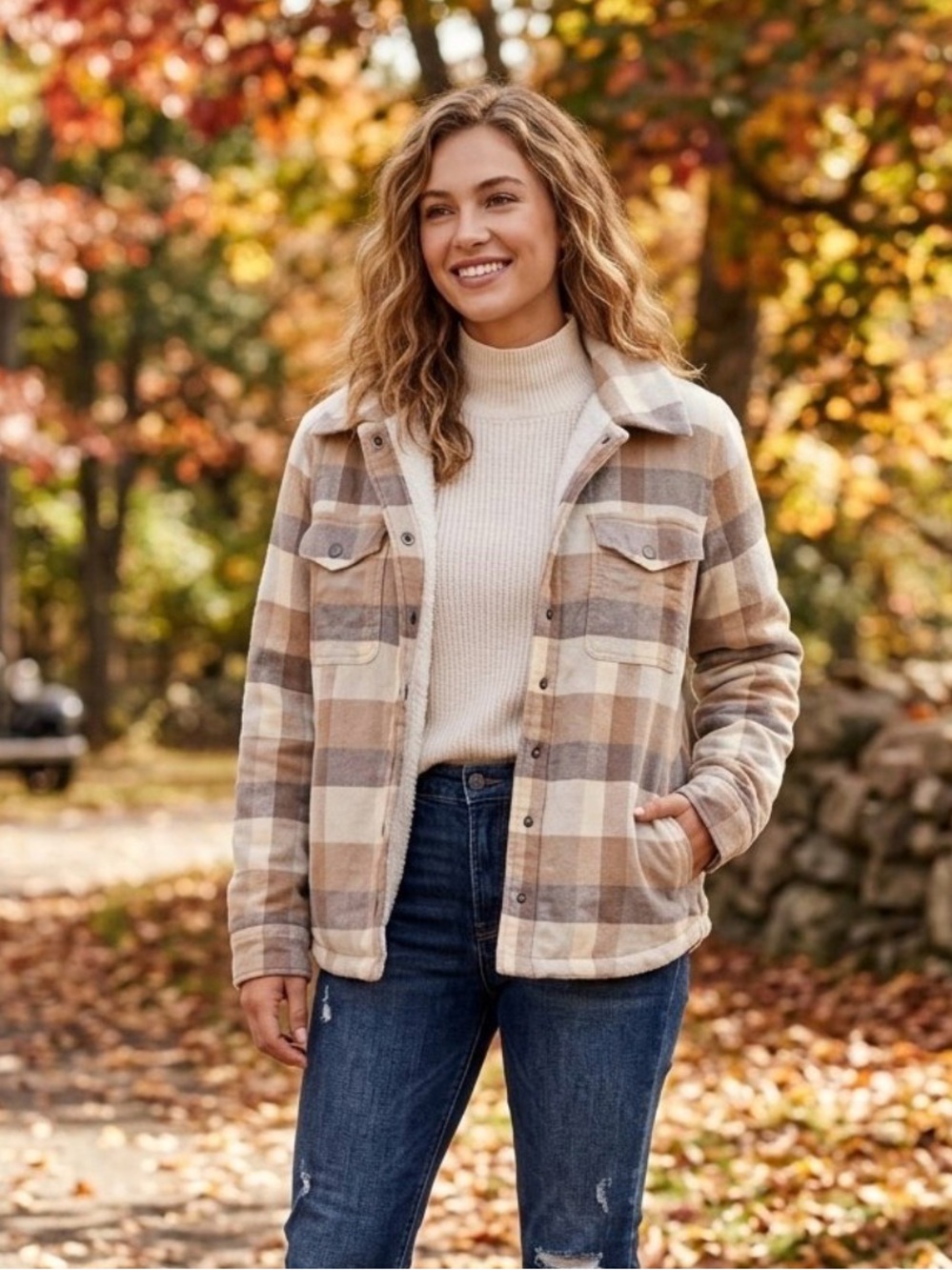 Lucky Brand Tan & Cream Plaid Sherpa Jacket